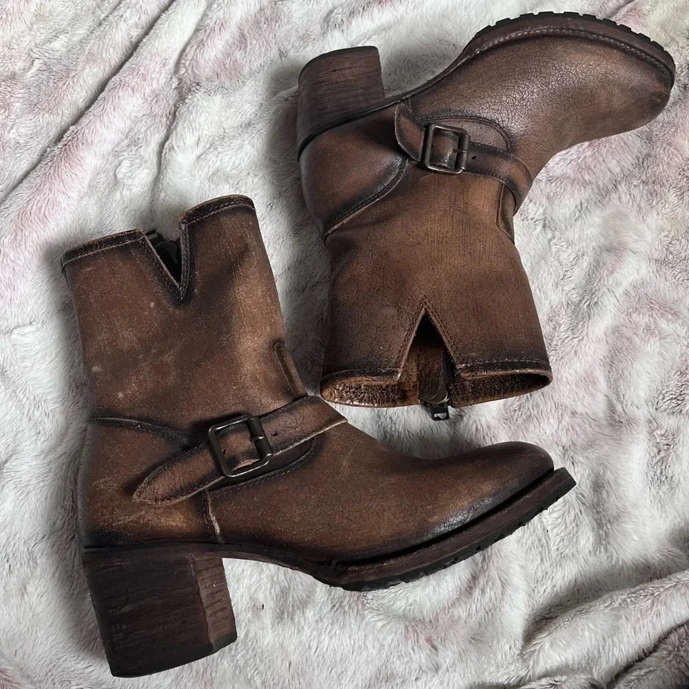 FreeBird Carlito Brown Leather Boho Western Moto Brown Heeled Boots - Picture 15 of 16